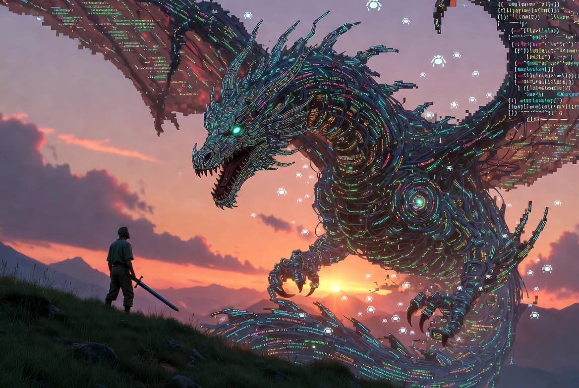 A humble farmer facing a giant dragon, symbolizing ordinary people taking on impossible challenges.